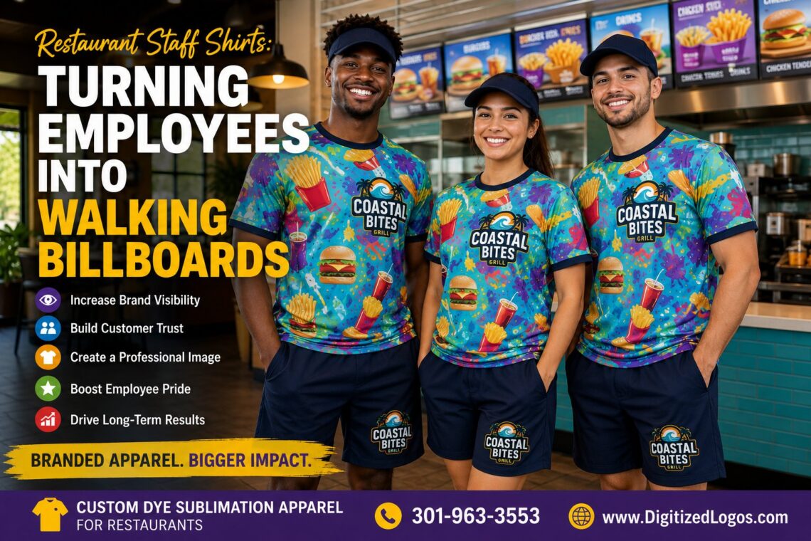 Restaurant Staff Shirts: How Branded Apparel Turns Employees Into Walking Billboards Quick Answer Restaurant staff shirts are more than uniforms—they are a powerful branding tool that helps restaurants increase visibility, build customer trust, and create a professional customer experience. When designed strategically, branded apparel supports walking billboard marketing by turning employees into daily brand ambassadors who generate impressions both inside and outside the restaurant. Modern custom apparel solutions, especially dye sublimation apparel, allow restaurants to create highly visible, full-color designs that strengthen brand recognition while maintaining consistency across locations and teams. What Are Restaurant Staff Shirts? Restaurant staff shirts are branded garments worn by employees to create a professional, consistent, and recognizable appearance. These shirts often include logos, colors, slogans, location information, and brand messaging that help reinforce the restaurant's identity. While many business owners view uniforms as an operational requirement, leading restaurant operators increasingly view restaurant staff shirts as a strategic business asset. Every employee interaction becomes an opportunity to reinforce brand awareness, improve customer perception, and support long-term marketing goals. Whether employees work in quick-service restaurants, casual dining establishments, coffee shops, bakeries, catering companies, food trucks, or hospitality venues, branded workwear helps create a cohesive customer experience. Why Restaurant Staff Shirts Matter for Business Growth Restaurants operate in highly competitive markets where visibility and customer recall directly influence revenue. Customers often have multiple dining options available within a short distance, making brand recognition increasingly important. Strategically designed company apparel helps restaurants: Increase brand recognition Create a professional appearance Improve customer confidence Strengthen employee branding Support recruiting initiatives Improve employee retention Create memorable guest experiences Maintain consistency across locations Increase local visibility Reinforce marketing campaigns Unlike traditional advertising that stops producing results when budgets end, branded apparel continues generating impressions every day employees wear it. How Employees Become Walking Billboards The concept of walking billboard marketing is simple but highly effective. Employees interact with hundreds of people every week. They commute to work, stop at gas stations, visit grocery stores, attend community events, and engage with customers throughout their shifts. Every one of these interactions creates an opportunity for brand exposure. When restaurant staff shirts display strong branding, employees become mobile marketing assets that generate ongoing visibility without additional advertising spend. Consider the cumulative impact: Customers see branded uniforms during every visit Pedestrians notice employees entering and leaving the restaurant Delivery teams create visibility throughout service areas Employees wearing branded apparel after shifts continue generating impressions Community events increase local recognition Social media photos extend visibility online Over time, repeated exposure builds familiarity. Familiar brands often appear more trustworthy, more established, and more memorable than competitors with inconsistent presentation. This is why employees are often described as walking billboards for the company. Every shift becomes an opportunity to strengthen brand awareness. Benefits of Branded Restaurant Apparel Improves Customer Trust Professional presentation influences customer perception. Uniformed staff create a sense of organization, consistency, and accountability. Customers generally feel more comfortable approaching clearly identified employees, asking questions, and requesting assistance. Creates Consistent Branding Restaurants invest heavily in logos, signage, menus, websites, and social media. Restaurant staff shirts help extend that branding into daily customer interactions. Consistency across touchpoints strengthens brand recognition and reinforces the overall customer experience. Strengthens Team Identity Branded uniforms help employees feel connected to the organization. A unified appearance encourages team cohesion and promotes a stronger workplace culture. Supports Recruiting and Retention Professional apparel programs often improve employee perception of the workplace. Staff members appreciate high-quality garments they enjoy wearing, which can positively influence morale and retention. Job candidates also tend to perceive branded organizations as more established and professional. Creates Long-Term Marketing Value Unlike one-time advertisements, company apparel continues generating visibility throughout its lifespan. Every wear creates additional opportunities for exposure. Dye Sublimation vs Screen Printing vs Embroidery vs Heat Transfer Restaurants evaluating custom uniforms often compare decoration methods before selecting a supplier. Dye Sublimation Apparel Dye sublimation apparel offers full-color, edge-to-edge printing directly into the fabric. Unlimited colors All-over branding capability Highly durable designs No cracking or peeling Excellent consistency across orders Ideal for complex restaurant branding Screen Printing Good for simple designs Typically cost-effective for large runs Limited color flexibility Less suitable for all-over graphics Embroidery Professional appearance Excellent for logos Limited design area Not ideal for large graphics or detailed artwork Heat Transfer Works for short runs Supports personalization May experience wear over time Typically less durable than sublimation For restaurants seeking maximum visibility and branding impact, dye sublimation apparel often provides the greatest creative flexibility. Businesses can explore customized dye sublimation solutions at https://www.digitizedlogos.com/product-category/dye-sublimation/. Industry Use Cases Example 1: Fast Casual Restaurant A growing fast-casual restaurant wants to increase local brand recognition. The company introduces custom uniforms featuring bold brand colors, menu-inspired graphics, and prominent logo placement. Within months, customers begin recognizing staff outside the restaurant, increasing familiarity and strengthening local visibility. Example 2: Coffee Shop Chain A regional coffee company adopts full-color performance apparel across multiple locations. Consistent branding creates a more polished customer experience while making the brand easier to recognize across different markets. Operational Example A multi-location restaurant group standardizes employee branding across Maryland, Virginia, Washington DC, and neighboring markets. Centralized apparel management ensures every location receives consistent uniforms, helping maintain brand standards and simplifying onboarding. ROI Example A restaurant spends thousands annually on local advertising. By investing in professionally branded workwear, the business creates thousands of additional brand impressions every month without recurring media costs. The apparel continues producing visibility long after production is complete. Step-by-Step Framework for Effective Restaurant Staff Shirts Define branding objectives. Identify customer-facing employee roles. Select appropriate garment styles. Develop consistent visual branding. Choose the right decoration method. Create scalable ordering processes. Implement quality standards. Monitor employee feedback. Measure customer response. Maintain long-term brand consistency. Buyer Considerations Before Ordering Restaurant Staff Shirts Customization Options Look for suppliers that offer logo placement flexibility, personalized names, department identification, and full-color branding opportunities. Ordering Flexibility Restaurants frequently add employees throughout the year. Flexible ordering programs simplify reorders and onboarding. Turnaround Times Fast turnaround helps restaurants respond to seasonal hiring, new openings, and expansion initiatives. Minimum Quantities Some suppliers require large minimums, while others provide scalable programs that accommodate businesses of varying sizes. Fulfillment Capabilities Multi-location restaurants benefit from centralized fulfillment and distribution services. Quality Consistency Maintaining consistent colors, logos, and garment quality is essential for protecting brand standards. Pricing Considerations The lowest apparel cost does not always deliver the greatest value. Buyers should evaluate durability, branding impact, replacement frequency, and long-term visibility. Return on Investment When evaluating custom uniforms, consider both operational benefits and marketing value. Branded apparel supports daily visibility while strengthening customer perception. Why Businesses Choose Digitized Logos Digitized Logos provides branded apparel and promotional product solutions for organizations seeking greater visibility and stronger employee branding. The company manages sourcing, customization, production, and fulfillment, helping businesses simplify apparel programs while maintaining consistency. Digitized Logos works with organizations seeking custom uniforms, promotional apparel, company apparel, branded workwear, and performance apparel solutions designed to support both operational and marketing objectives. As an MDOT, DDOT, and VA SWaM Certified Small, Minority, Female-Owned Business, Digitized Logos supports organizations throughout the United States with scalable branding programs. Decision Support: Are Restaurant Staff Shirts Worth the Investment? For most restaurants, the answer is yes. Professional apparel improves customer perception, strengthens employee identity, increases visibility, and supports long-term brand growth. When viewed solely as a uniform expense, the value may appear limited. When viewed as a marketing asset, recruiting tool, operational resource, and branding investment, restaurant staff shirts often deliver significant returns. The most successful restaurant brands understand that employees are walking billboards who influence customer perception every day. Frequently Asked Questions What are the benefits of restaurant staff shirts? Restaurant staff shirts improve professionalism, strengthen branding, increase customer trust, and create ongoing marketing exposure. Why is walking billboard marketing effective for restaurants? Employees generate daily brand impressions during shifts, commutes, community interactions, and customer engagements, creating continuous visibility. What is the best printing method for restaurant uniforms? Dye sublimation apparel is often preferred for full-color, durable, edge-to-edge branding and long-term consistency. Can restaurant uniforms help employee retention? Yes. High-quality branded apparel can improve employee pride, professionalism, and connection to the organization. How often should restaurants replace staff uniforms? Replacement schedules vary, but many restaurants refresh apparel annually or as staffing changes occur. Key Takeaways Restaurant staff shirts are valuable branding assets, not simply uniforms. Employees function as walking billboards that create daily marketing impressions. Branded apparel improves customer trust and professionalism. Dye sublimation apparel provides exceptional customization flexibility and durability. Consistent employee branding strengthens recognition across locations. Quality custom uniforms support recruiting, retention, and operational consistency. Strategic apparel programs create measurable long-term marketing value. Get Started with Digitized Logos If your organization is looking to increase brand visibility, strengthen employee branding, and create professional restaurant staff shirts that generate long-term marketing value, Digitized Logos can help. From custom uniforms and branded workwear to full-color dye sublimation apparel, the team provides flexible customization options, consistent production quality, fulfillment support, and responsive turnaround times. Call 301-963-3553 to discuss your project or visit DigitizedLogos to explore custom apparel solutions designed to turn employees into walking billboards for your brand.
